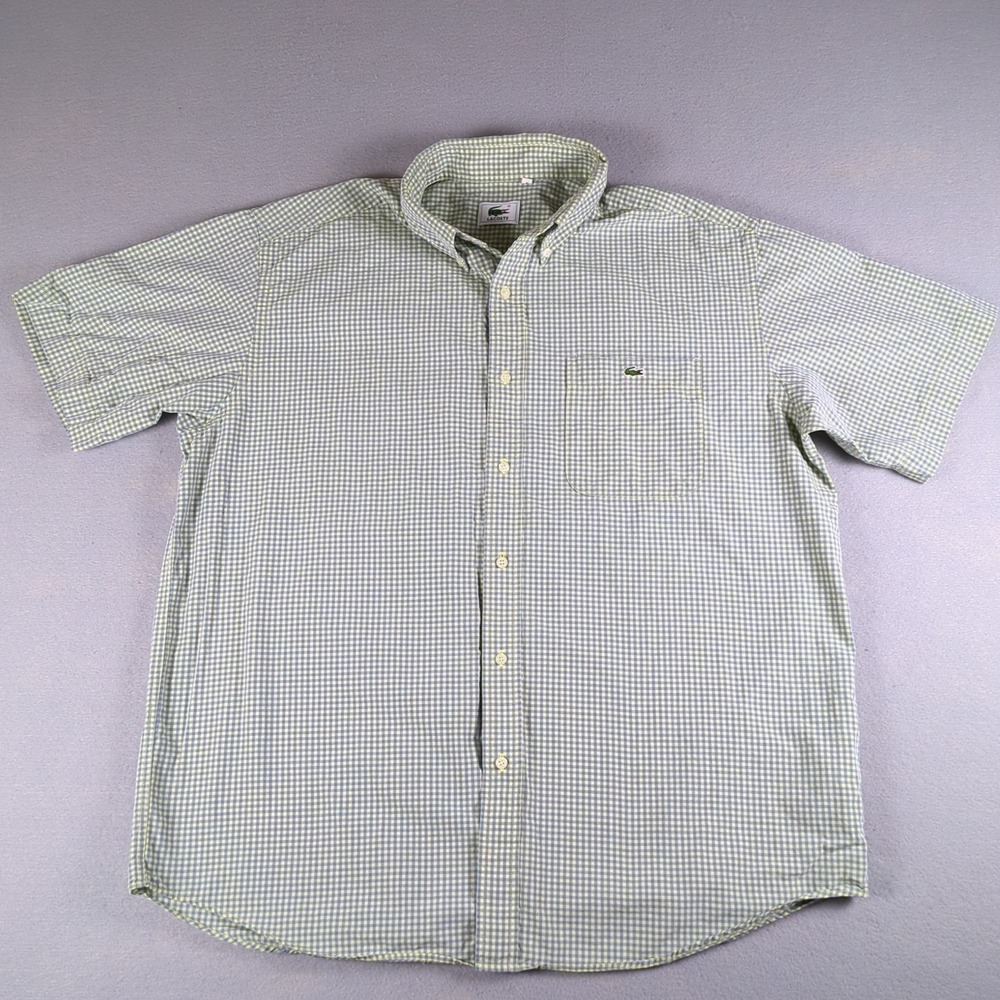 VTG Lacoste Button Up Shirt Mens 5 Large Green Gingham Check Plaid Short Sleeve
